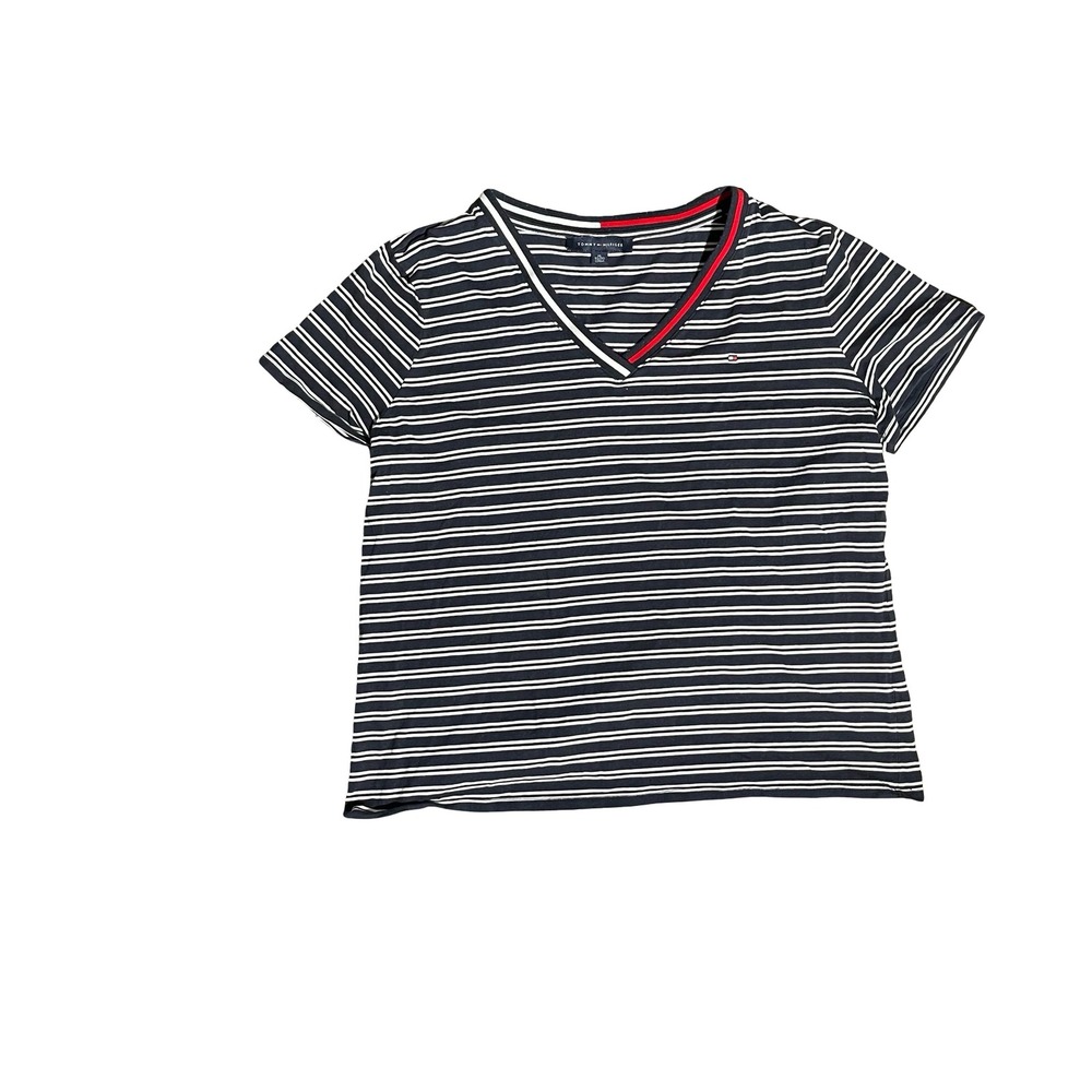 Tommy Hilfiger Womens XL Navy White Striped V-Neck Short Sleeve T-Shirt Tee